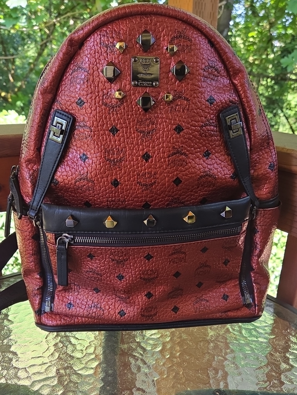 Large MCM Red  Studded Backpack